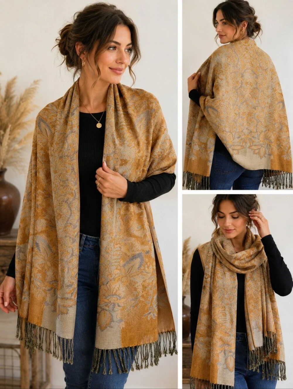 Reversible Ochre Floral Woven Shawl Scarf Fringe Wrap